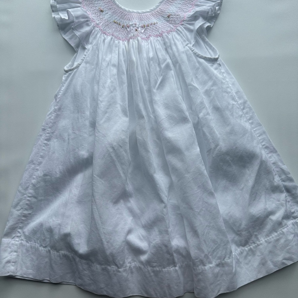 Elegant White and Pink Baby Smoked Cotton Dress